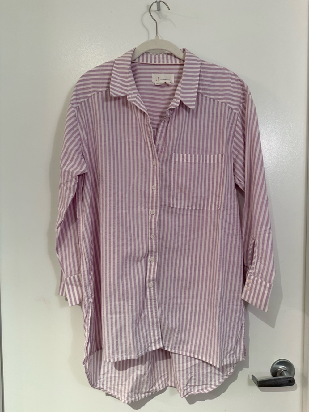 Anthropologie Pink and White Striped Casual Button-Down Shirt